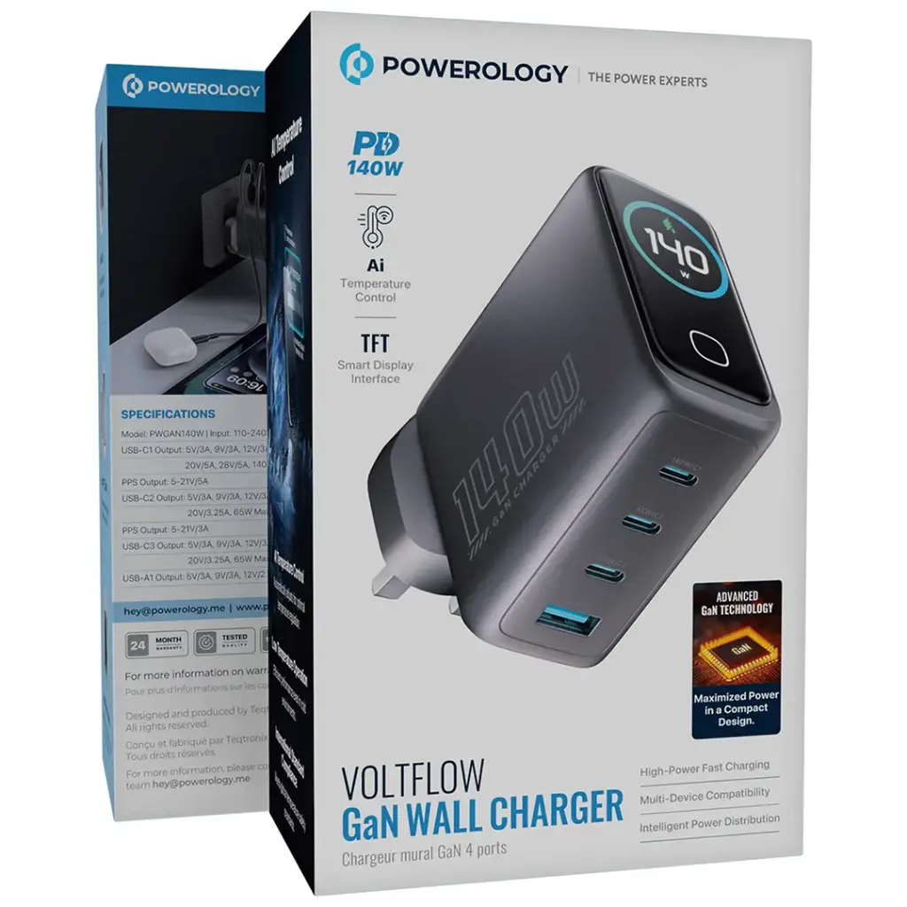 Powerology 140W 4-Port GaN Charger with TFT Display - Black
