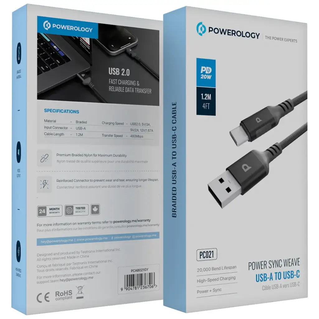 Powerology USB-A to USB-C Cable with 1.2m Length, Braided Nyl