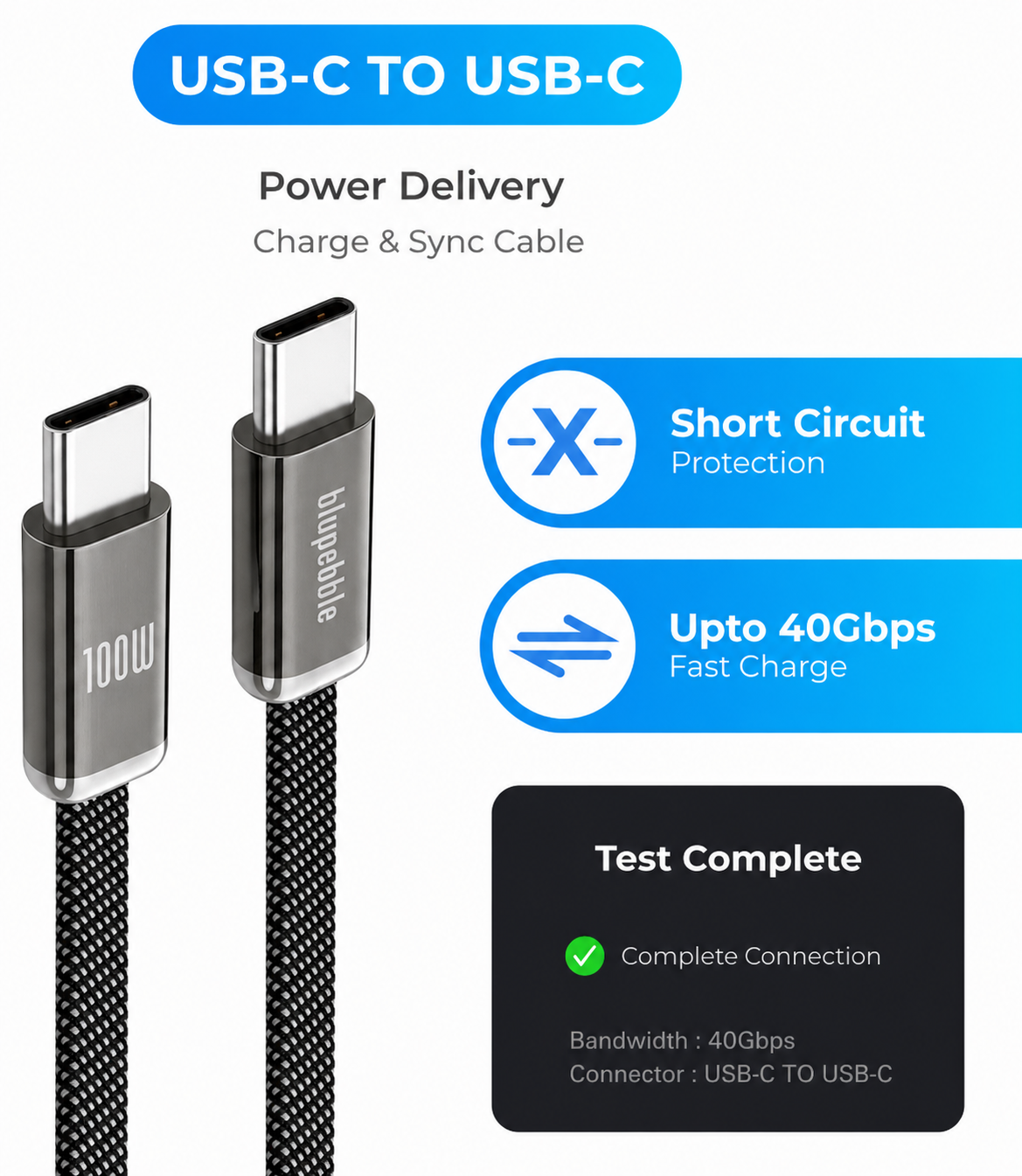 BLUPEBBLE POWERFLOW USB-C TO USB-C 1.2M 100W