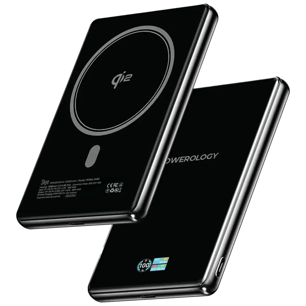 Powerology Skye 10000mAh Qi2 MagSafe Power Bank with TFT Display - Black