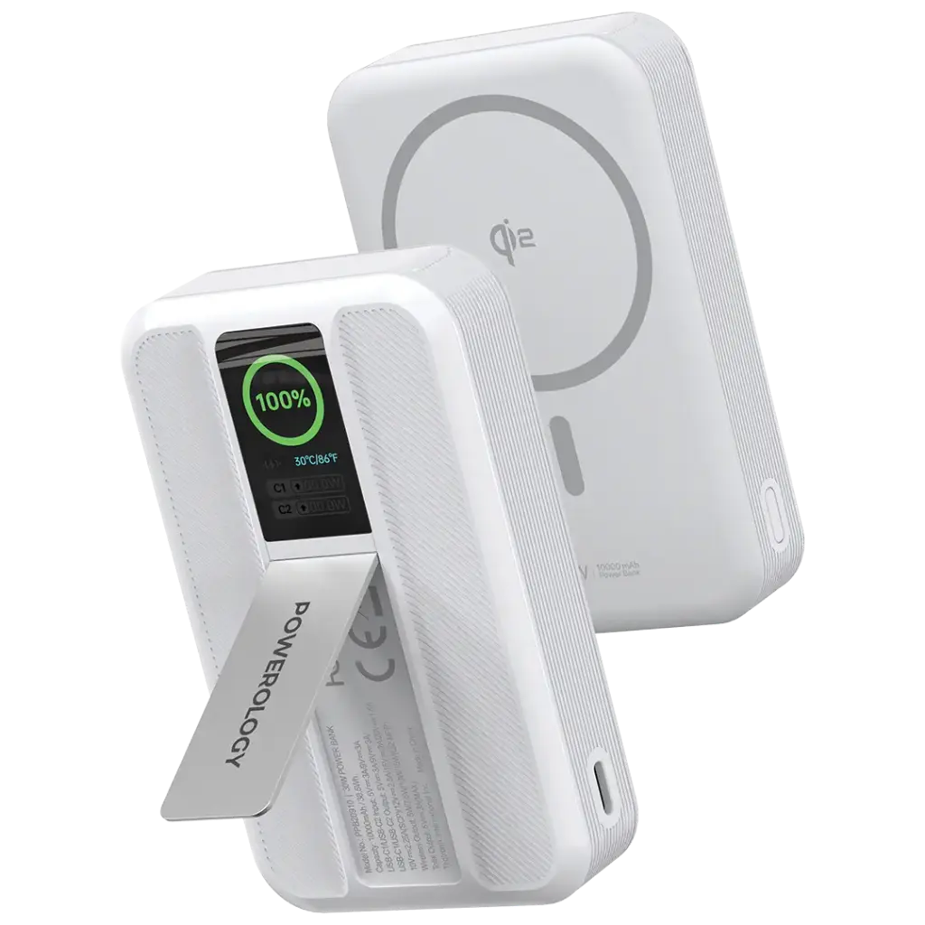Powerology 10000mAh 30W PD + Dual Type-C + 15W Qi2 Powerbank with TFT Screen
