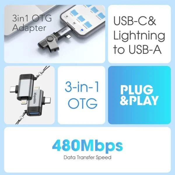 Blupebble 2 IN 1 USB-A To USB-C & Lightning  Adapter Gray