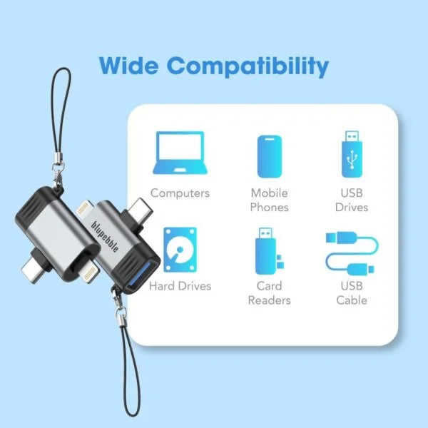 Blupebble 2 IN 1 USB-A To USB-C & Lightning  Adapter Gray