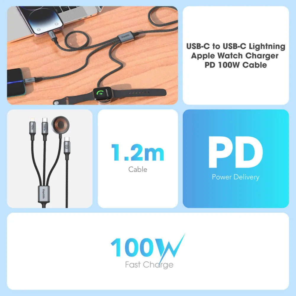 PowerFlow 4-in-1 USB-C Fast Charging Cable (USB-C / Lightning / Apple Watch) – 1.2m