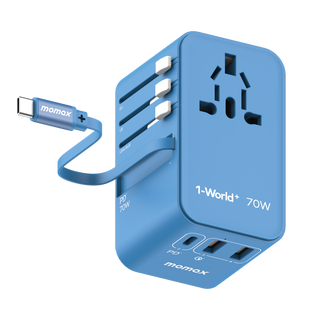 MOMAX 1-WORLD 70W GAN 3 PORT WITH BUILT-IN USB-C CABLE AC TRAVEL ADAPTOR