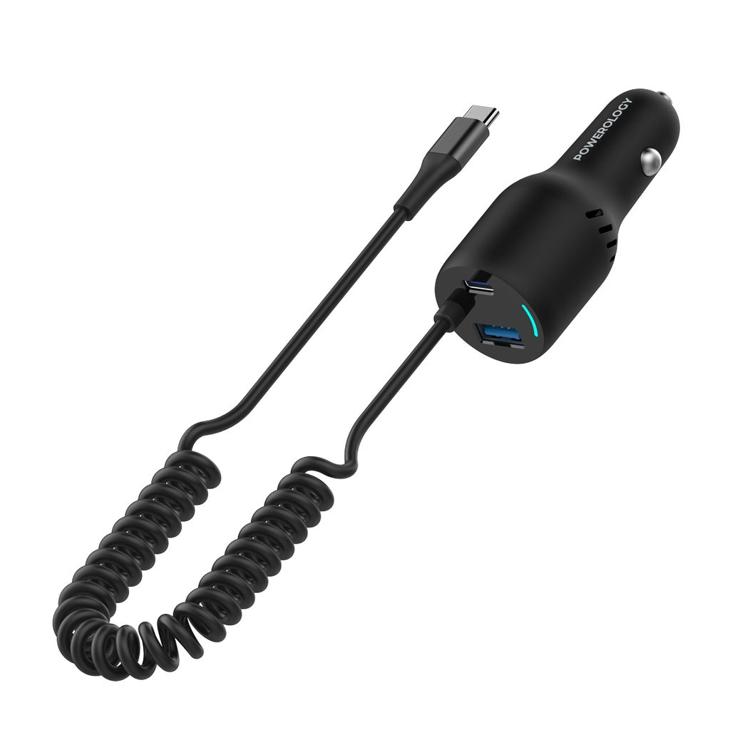 Powerology PD45W+QC18W+Type CCable 35W LED Dual Ports Car Charger With Coiled Cable -Black