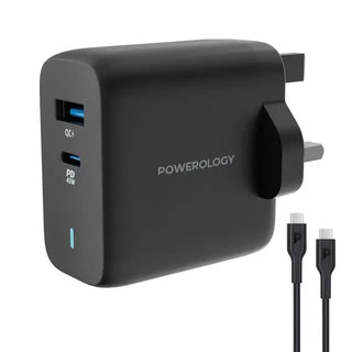 Powerology 63W Ultra-Quick GaN Charger 45W PD & USB-A Quick Charge 18W QC3.0 With 60W Type-C To Type-C Cable - Black