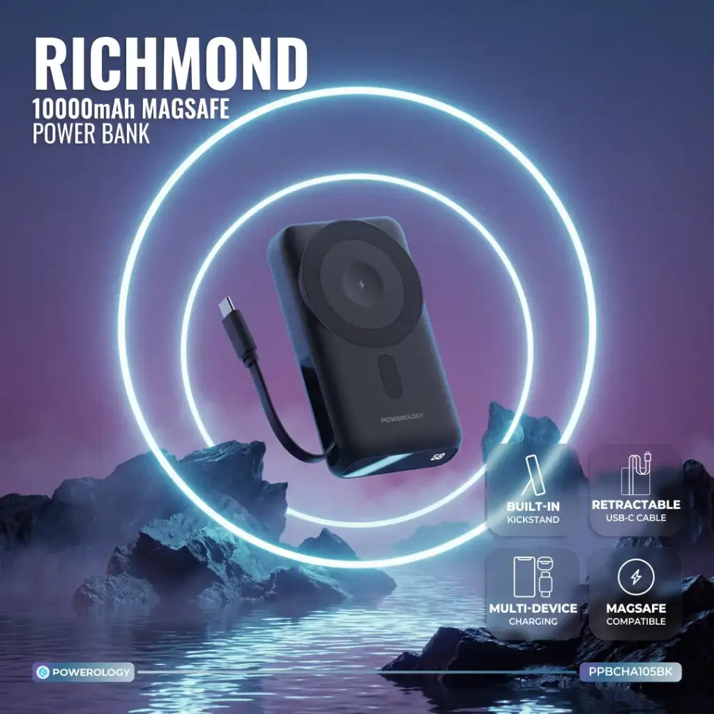Powerology Richmond MagSafe Power Bank 10,000mAh 35W PD – Built-In Retractable Cable