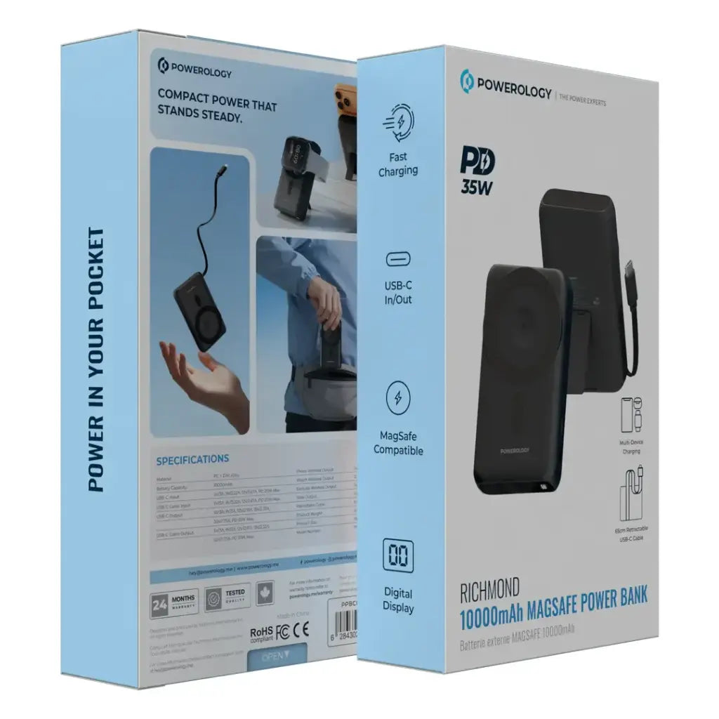 Powerology Richmond MagSafe Power Bank 10,000mAh 35W PD – Built-In Retractable Cable