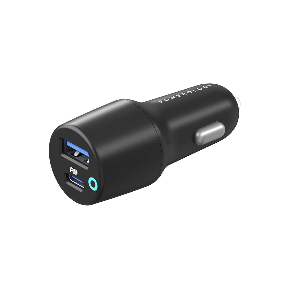 Powerology Dual Port LED Car Charger PD 20W+QC 18W - Black