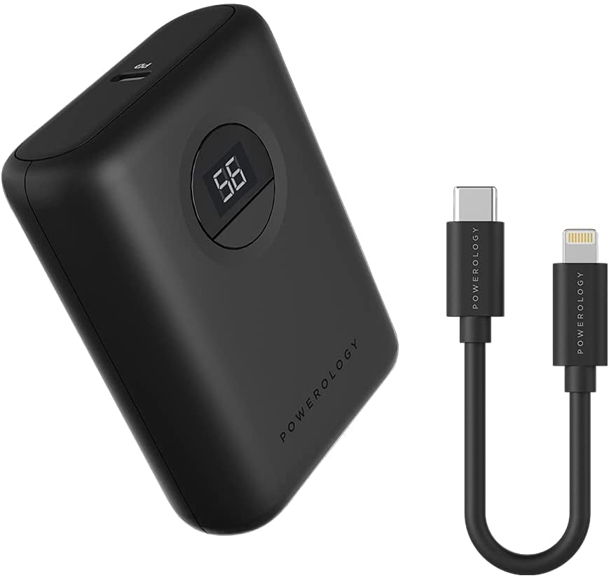 Powerology Ultra-Compact Power Bank 10000mAh PD 20W with MFi USB-C to Lightning Cable 0.9M - Black